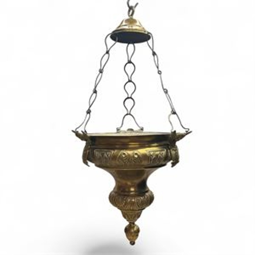 Antique European Brass Hanging Church Sanctuary Lamp with Cherub Mounts